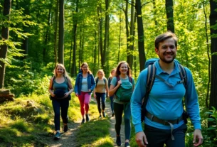 Hike through scenic forest trail with hikers enjoying the outdoors and nature's beauty in vibrant daylight.