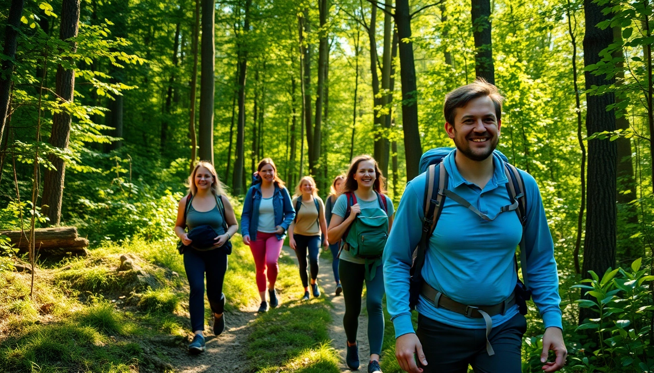 Hike through scenic forest trail with hikers enjoying the outdoors and nature's beauty in vibrant daylight.