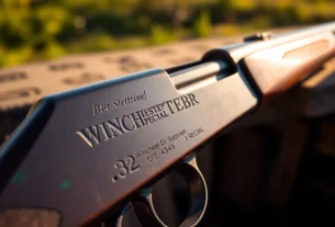 Authentic 32WIN cartridge in a classic rifle with detailed metal and wood finish, emphasizing heritage and precision.