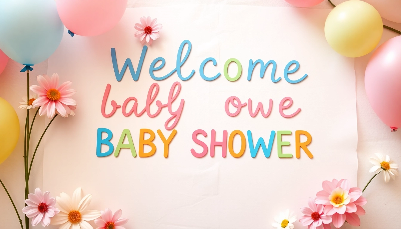 Bright and cheerful baby shower welcome sign with pastel balloons and flowers, perfect for greeting guests.