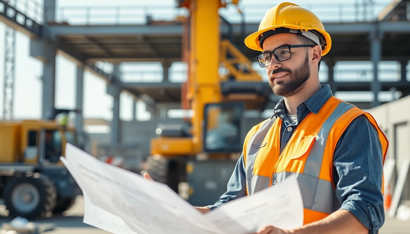 Experienced contractor reviewing blueprints on a professional construction site to showcase expertise.