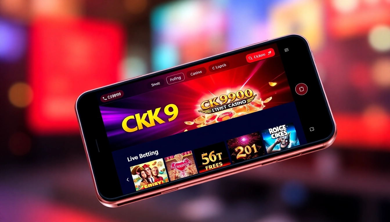 The ck999 app interface showcases live casino games on a smartphone, enticing users to download and play on iOS and Android devices for real gambling thrills.