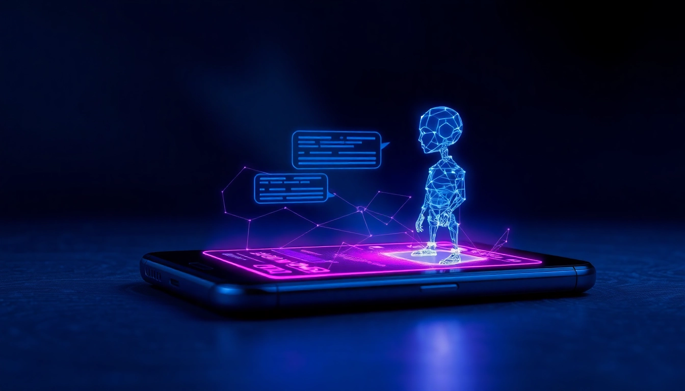 A futuristic AI chat interface on a digital device with glowing neon accents and an abstract AI figure engaged in conversation.