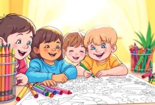 Kids engaging with free coloring pages using crayons in a colorful, friendly environment to enhance creativity and fun.