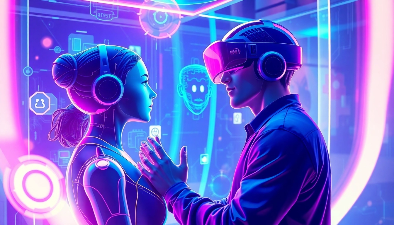 Futuristic virtual reality scene with a person interacting with an AI character via holographic interface, vibrant neon colors, high-tech textures, and immersive digital environment.