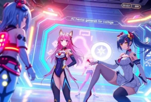 Detailed scene of an AI hentai generator interface creating customizable anime characters with vibrant colors and intricate details, showcasing advanced technology.