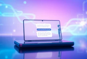 An illustration of a futuristic AI chatbot interface on a modern device with digital patterns and glowing data lines.
