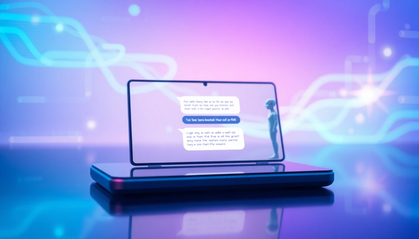 An illustration of a futuristic AI chatbot interface on a modern device with digital patterns and glowing data lines.