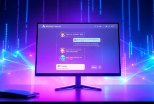 Futuristic AI chat interface with neon colors and holographic elements