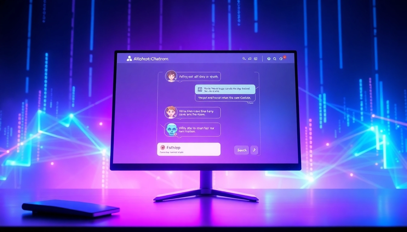 Futuristic AI chat interface with neon colors and holographic elements