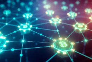 Detailed blockchain technology network showing interconnected ledgers and cryptographic links, highlighting secure digital transactions and decentralization in a modern visual style.