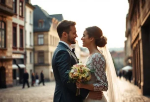 Couple in wedding attire walking through Liège's historic streets, capturing authentic mariage Liège moments.