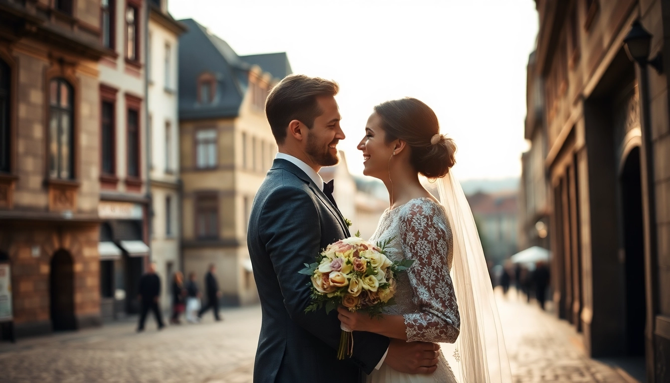 Couple in wedding attire walking through Liège's historic streets, capturing authentic mariage Liège moments.