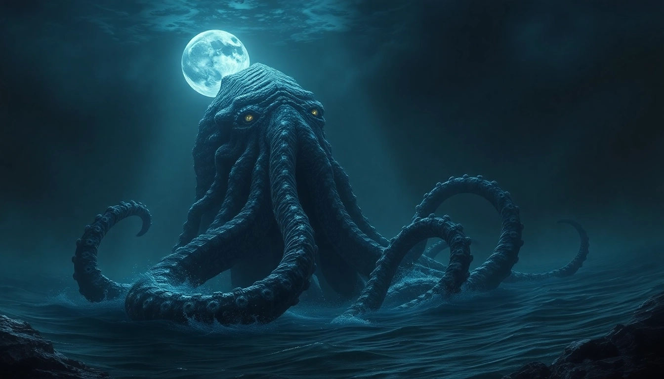 The kraken reveals a giant sea creature with massive tentacles and glowing eyes emerging from