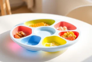 Child uses silicone divided plate for self feeding with colorful sections, promoting