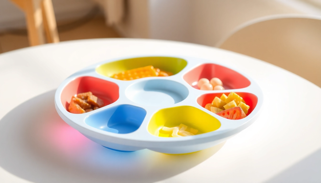 Child uses silicone divided plate for self feeding with colorful sections, promoting