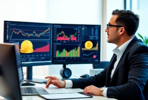 Business expert reviewing Alternative Investment Guides with gold and cryptocurrency symbols