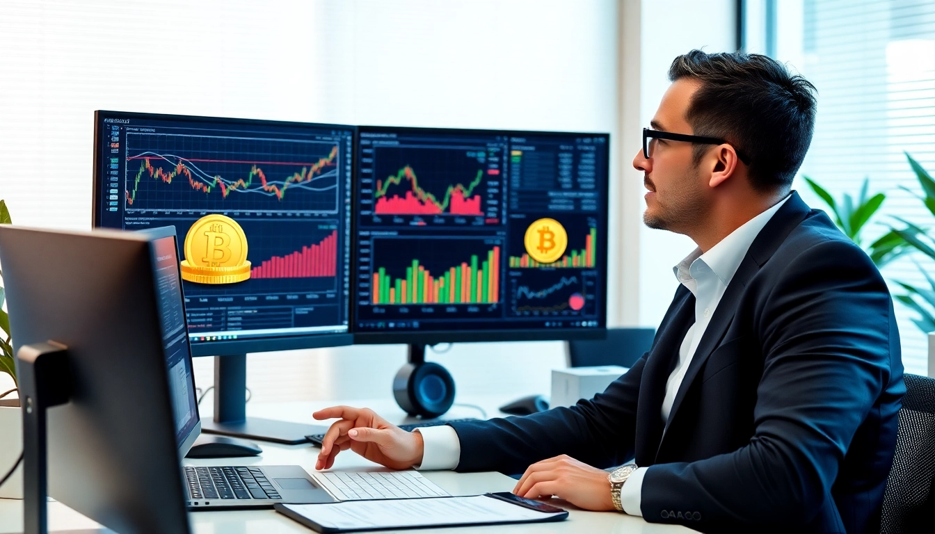 Business expert reviewing Alternative Investment Guides with gold and cryptocurrency symbols