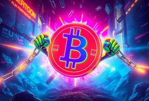 Meme Coin Defiance illustration showing a rebellious coin breaking chains with vibrant neon
