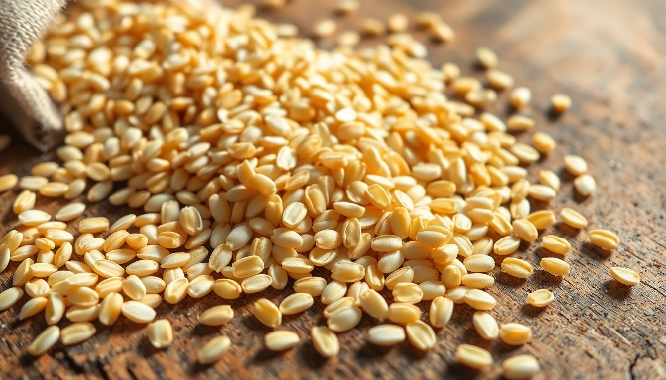 Close-up of glossy hulled sesame seeds highlighting their smooth texture and natural shine,