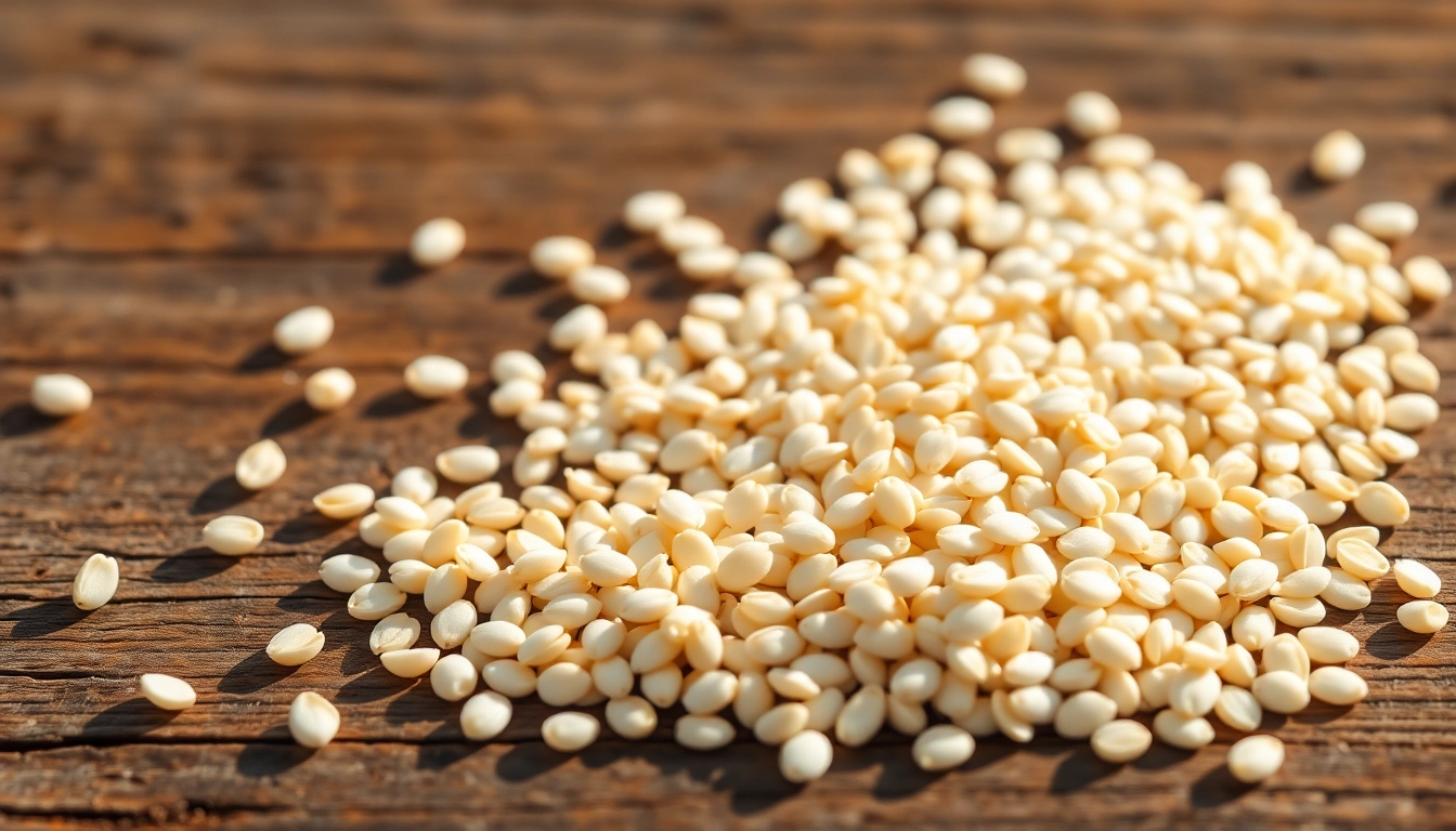 Close-up of high-quality hulled sesame seed spread on a rustic wooden surface, showcasing